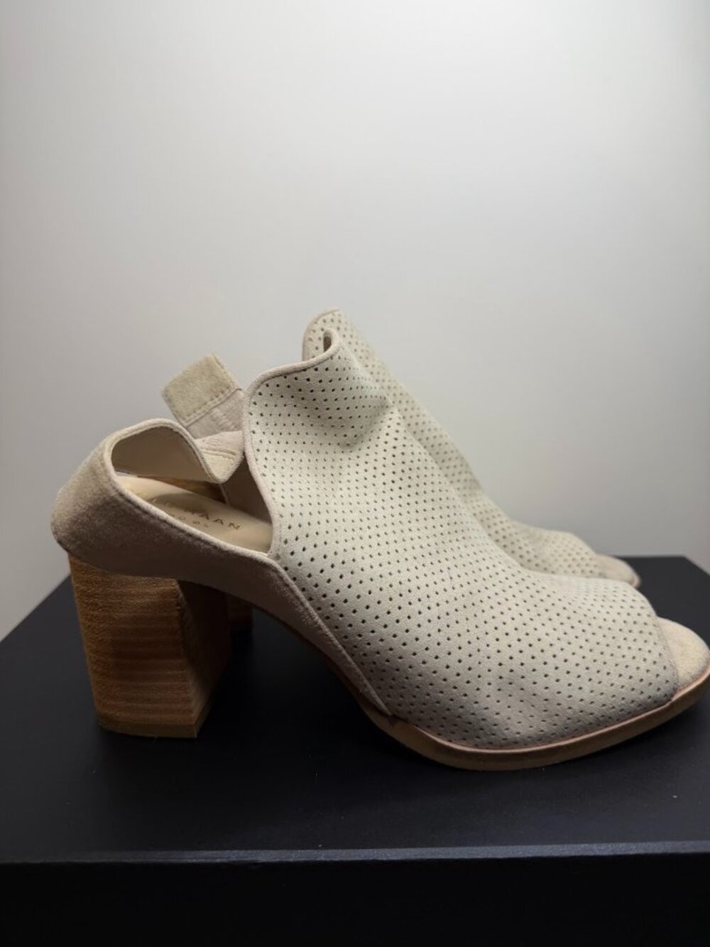Cole Haan Suede Peep Toe Slingback Block Heel Mules
